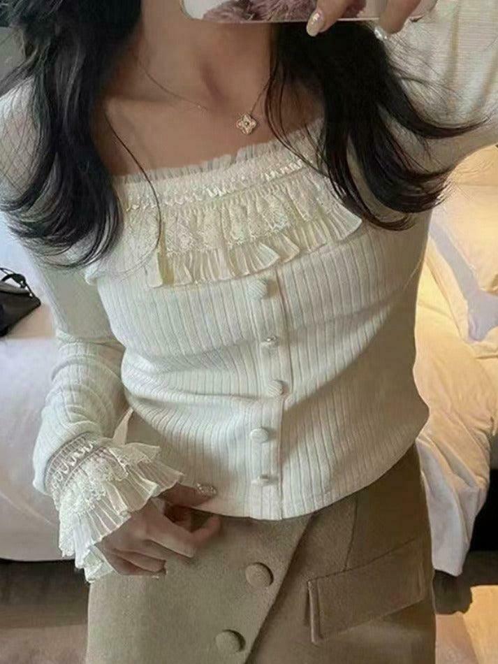 Coquette Aesthetic Ruffle Panel Slim Fit Pullover Sweater Coquette Aesthetic Ruffle Panel Slim Fit Pullover Sweater