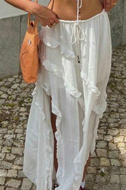 Coquette Aesthetic Ruffle Slit Midi Skirt - Y2K Fashion for Women, Grunge Style, Pastel Goth