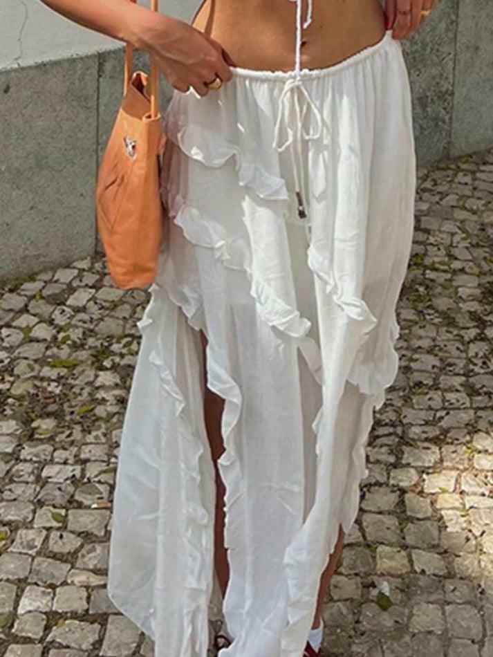 Coquette Aesthetic Ruffle Slit Midi Skirt - Y2K Fashion for Women, Grunge Style, Pastel Goth