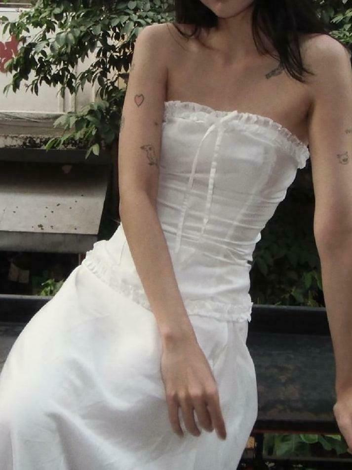 Coquette Aesthetic Ruffle Trim Bow Tube Top + Midi Skirt Set - Y2K Fashion Outfit Coquette Aesthetic Ruffle Trim Bow Tube Top + Midi Skirt Set - Y2K Fashion Outfit