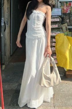 Coquette Aesthetic Ruffle Trim Bow Tube Top + Midi Skirt Set - Y2K Fashion Outfit