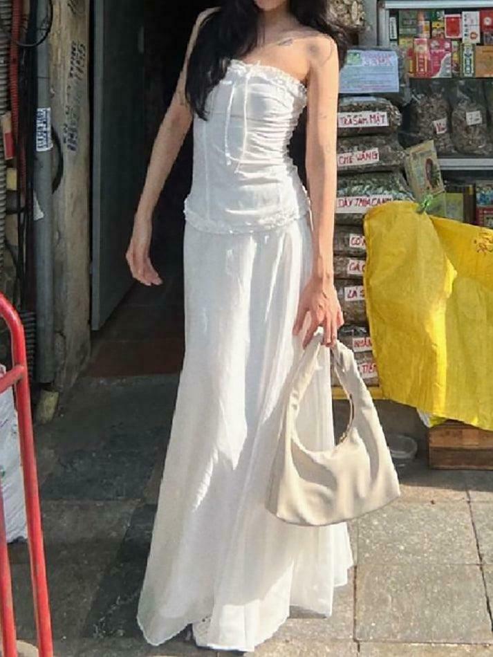 Coquette Aesthetic Ruffle Trim Bow Tube Top + Midi Skirt Set - Y2K Fashion Outfit Coquette Aesthetic Ruffle Trim Bow Tube Top + Midi Skirt Set - Y2K Fashion Outfit