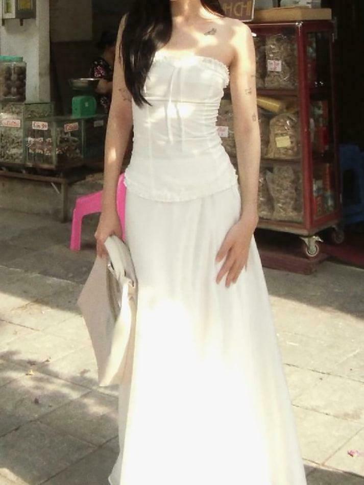 Coquette Aesthetic Ruffle Trim Bow Tube Top + Midi Skirt Set - Y2K Fashion Outfit Coquette Aesthetic Ruffle Trim Bow Tube Top + Midi Skirt Set - Y2K Fashion Outfit