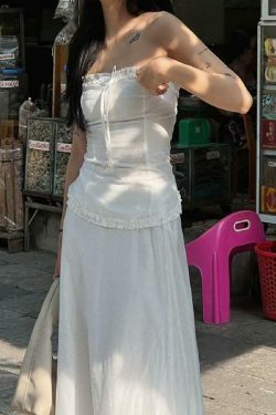 Coquette Aesthetic Ruffle Trim Bow Tube Top + Midi Skirt Set - Y2K Fashion Outfit