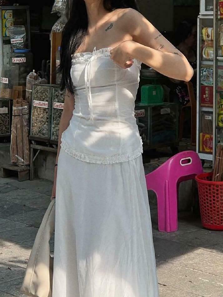 Coquette Aesthetic Ruffle Trim Bow Tube Top + Midi Skirt Set - Y2K Fashion Outfit Coquette Aesthetic Ruffle Trim Bow Tube Top + Midi Skirt Set - Y2K Fashion Outfit