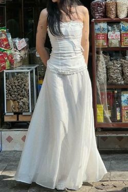 Coquette Aesthetic Ruffle Trim Bow Tube Top + Midi Skirt Set - Y2K Fashion Outfit