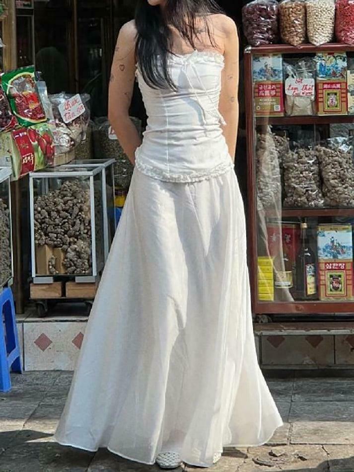 Coquette Aesthetic Ruffle Trim Bow Tube Top + Midi Skirt Set - Y2K Fashion Outfit Coquette Aesthetic Ruffle Trim Bow Tube Top + Midi Skirt Set - Y2K Fashion Outfit