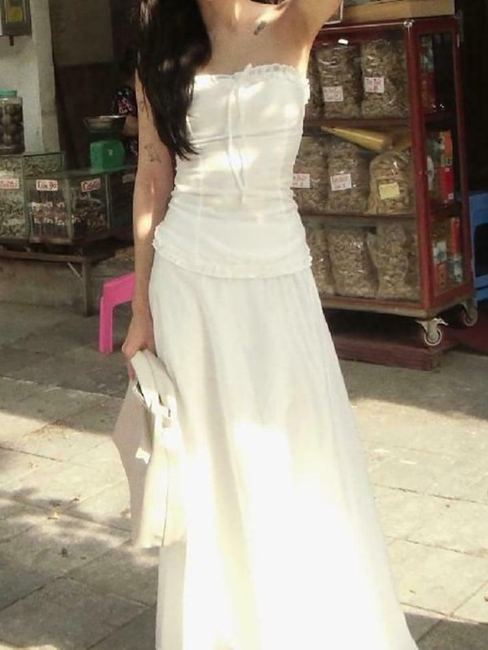 Coquette Aesthetic Ruffle Trim Bow Tube Top + Midi Skirt Set - Y2K Fashion Outfit Coquette Aesthetic Ruffle Trim Bow Tube Top + Midi Skirt Set - Y2K Fashion Outfit