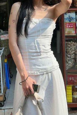 Coquette Aesthetic Ruffle Trim Bow Tube Top + Midi Skirt Set - Y2K Fashion Outfit