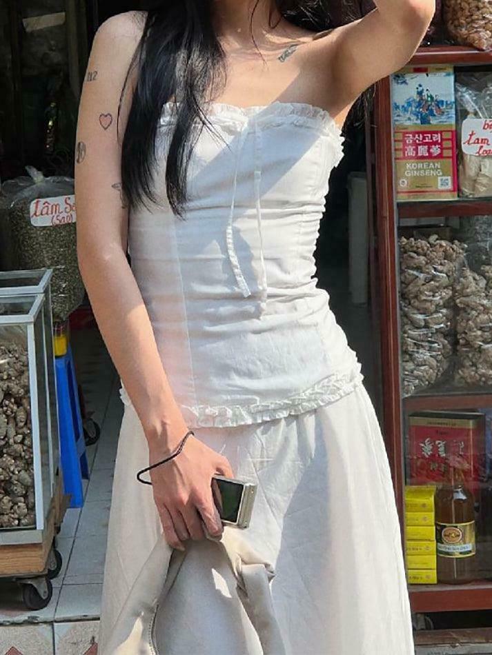 Coquette Aesthetic Ruffle Trim Bow Tube Top + Midi Skirt Set - Y2K Fashion Outfit Coquette Aesthetic Ruffle Trim Bow Tube Top + Midi Skirt Set - Y2K Fashion Outfit