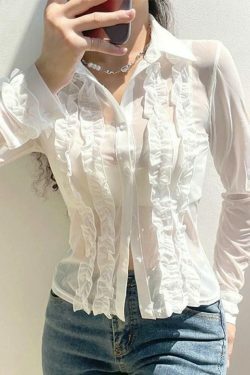 Coquette Aesthetic Ruffle Trim Sheer Mesh Long Sleeve Blouse - Y2K Fashion Statement