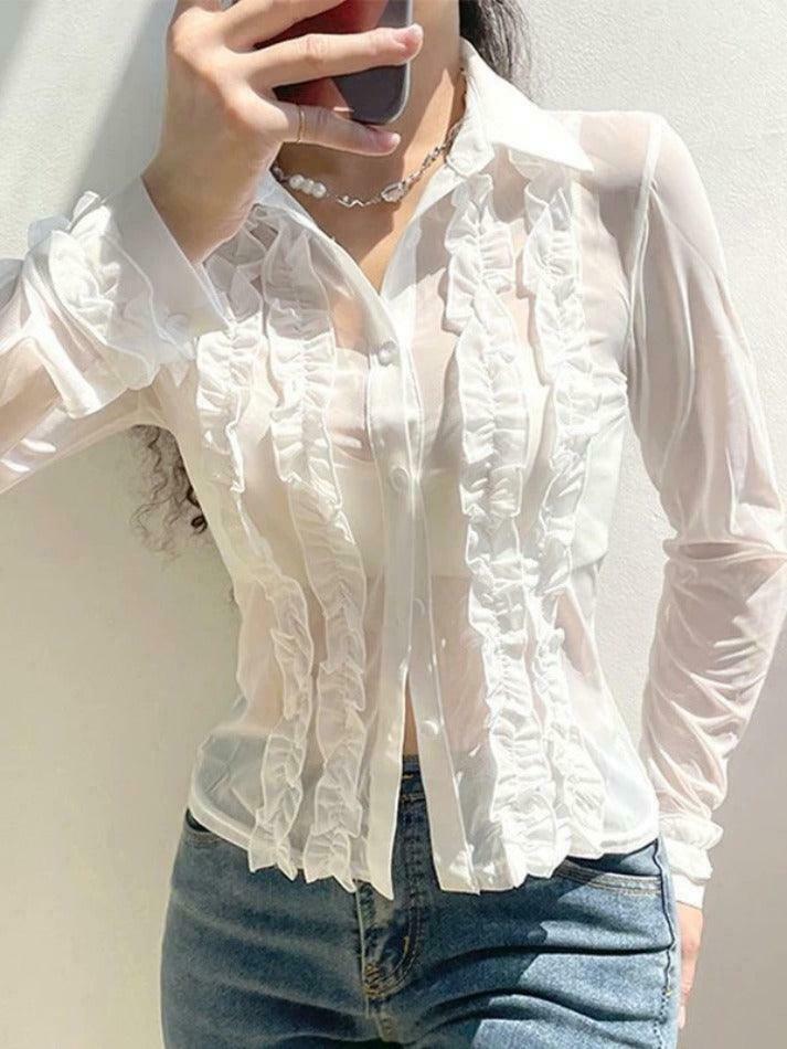 Coquette Aesthetic Ruffle Trim Sheer Mesh Long Sleeve Blouse - Y2K Fashion Statement Coquette Aesthetic Ruffle Trim Sheer Mesh Long Sleeve Blouse - Y2K Fashion Statement