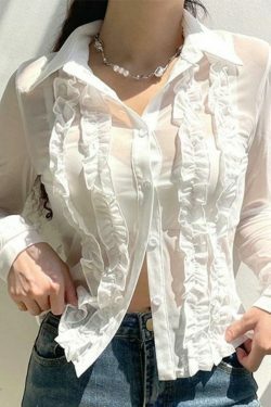Coquette Aesthetic Ruffle Trim Sheer Mesh Long Sleeve Blouse - Y2K Fashion Statement