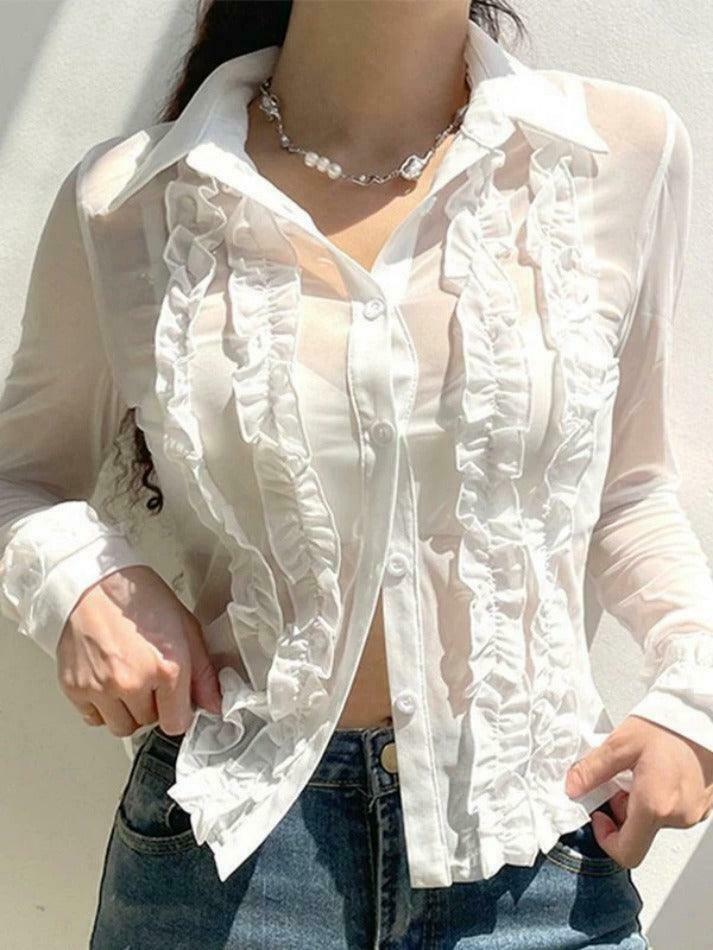 Coquette Aesthetic Ruffle Trim Sheer Mesh Long Sleeve Blouse - Y2K Fashion Statement Coquette Aesthetic Ruffle Trim Sheer Mesh Long Sleeve Blouse - Y2K Fashion Statement