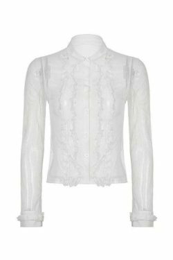 Coquette Aesthetic Ruffle Trim Sheer Mesh Long Sleeve Blouse - Y2K Fashion Statement