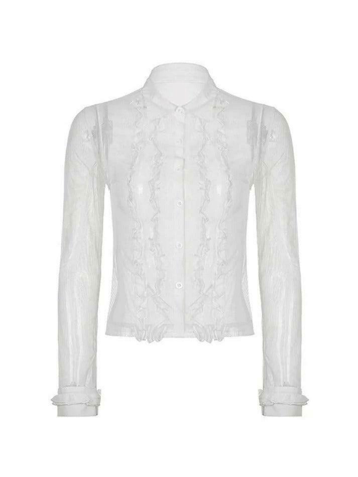Coquette Aesthetic Ruffle Trim Sheer Mesh Long Sleeve Blouse - Y2K Fashion Statement Coquette Aesthetic Ruffle Trim Sheer Mesh Long Sleeve Blouse - Y2K Fashion Statement