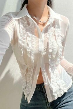 Coquette Aesthetic Ruffle Trim Sheer Mesh Long Sleeve Blouse - Y2K Fashion Statement
