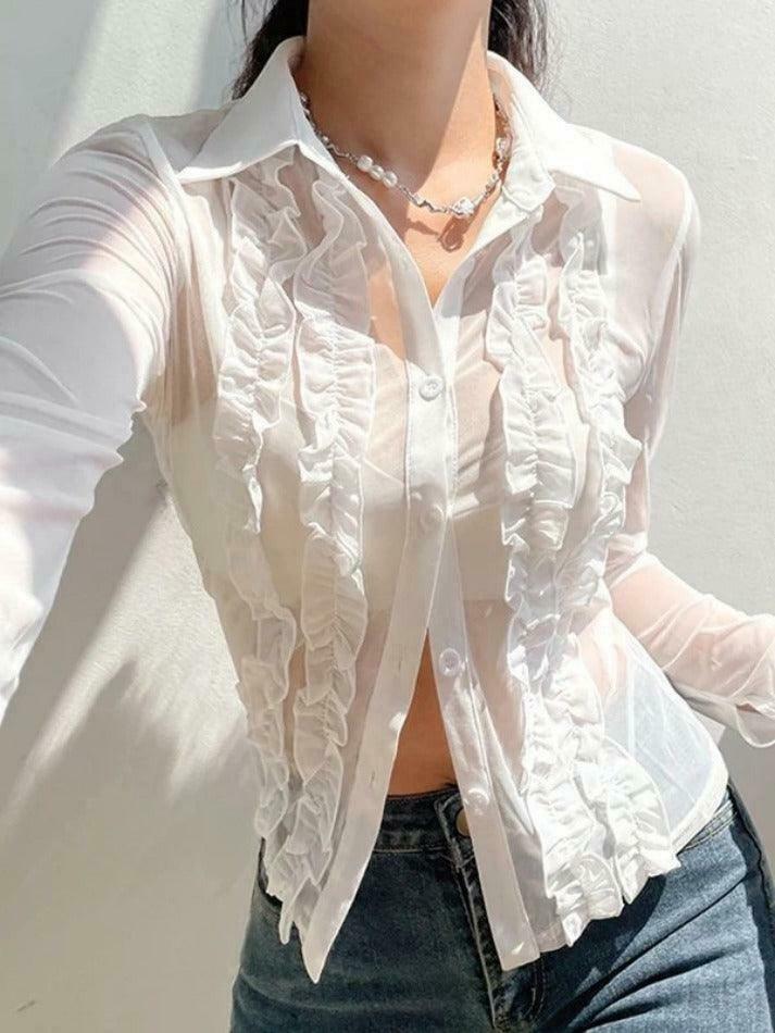 Coquette Aesthetic Ruffle Trim Sheer Mesh Long Sleeve Blouse - Y2K Fashion Statement Coquette Aesthetic Ruffle Trim Sheer Mesh Long Sleeve Blouse - Y2K Fashion Statement