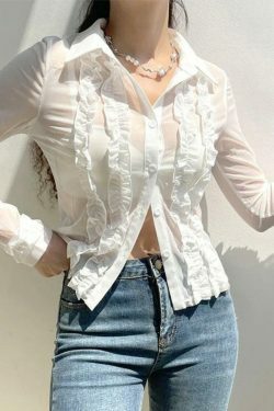 Coquette Aesthetic Ruffle Trim Sheer Mesh Long Sleeve Blouse - Y2K Fashion Statement