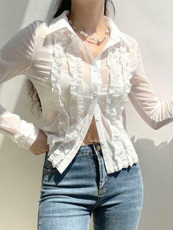 Coquette Aesthetic Ruffle Trim Sheer Mesh Long Sleeve Blouse - Y2K Fashion Statement Coquette Aesthetic Ruffle Trim Sheer Mesh Long Sleeve Blouse - Y2K Fashion Statement