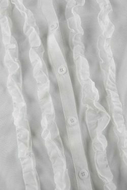 Coquette Aesthetic Ruffle Trim Sheer Mesh Long Sleeve Blouse - Y2K Fashion Statement