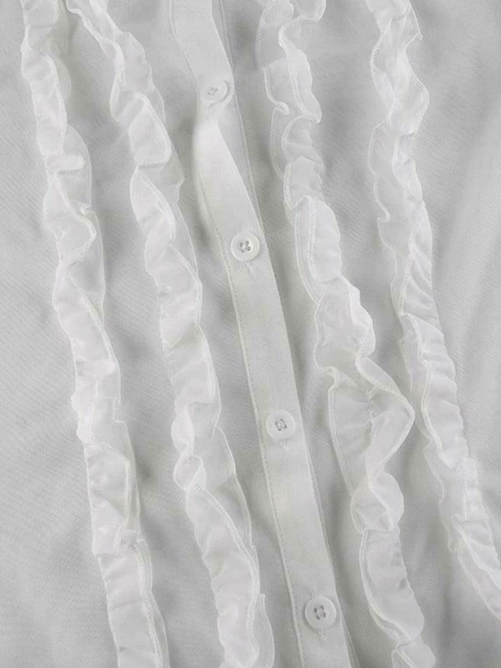 Coquette Aesthetic Ruffle Trim Sheer Mesh Long Sleeve Blouse - Y2K Fashion Statement Coquette Aesthetic Ruffle Trim Sheer Mesh Long Sleeve Blouse - Y2K Fashion Statement