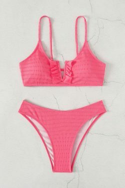 Coquette Aesthetic Ruffled V-Neck Bikini in Solid Color