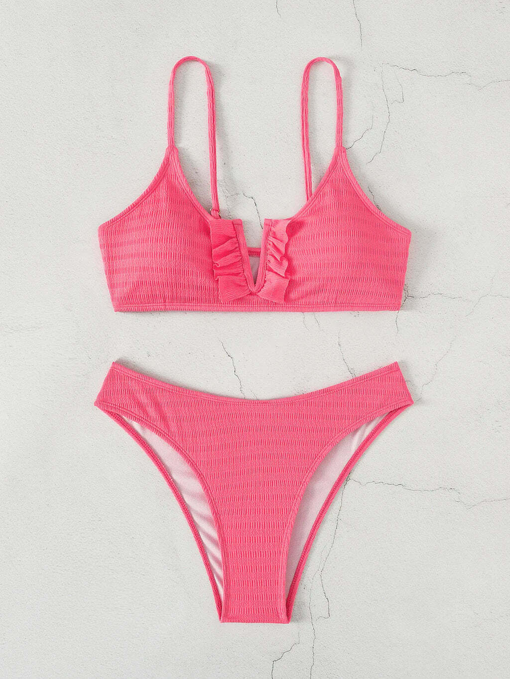 Coquette Aesthetic Ruffled V-Neck Bikini in Solid Color Coquette Aesthetic Ruffled V-Neck Bikini in Solid Color