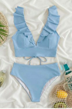 Coquette Aesthetic Ruffled V-Neck High Waist Bikini - Y2K Fashion Swimwear