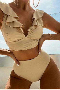 Coquette Aesthetic Ruffled V-Neck High Waist Bikini - Y2K Fashion Swimwear