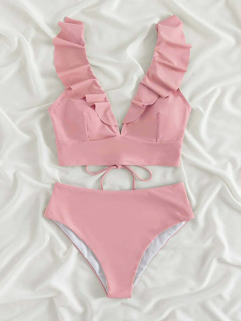 Coquette Aesthetic Ruffled V-Neck High Waist Bikini - Y2K Fashion Swimwear