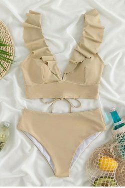 Coquette Aesthetic Ruffled V-Neck High Waist Bikini - Y2K Fashion Swimwear