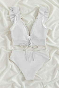 Coquette Aesthetic Ruffled V-Neck High Waist Bikini - Y2K Fashion Swimwear