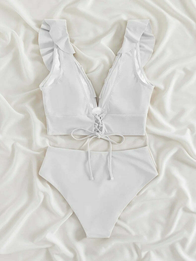 Coquette Aesthetic Ruffled V-Neck High Waist Bikini - Y2K Fashion Swimwear