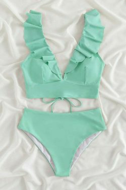 Coquette Aesthetic Ruffled V-Neck High Waist Bikini - Y2K Fashion Swimwear