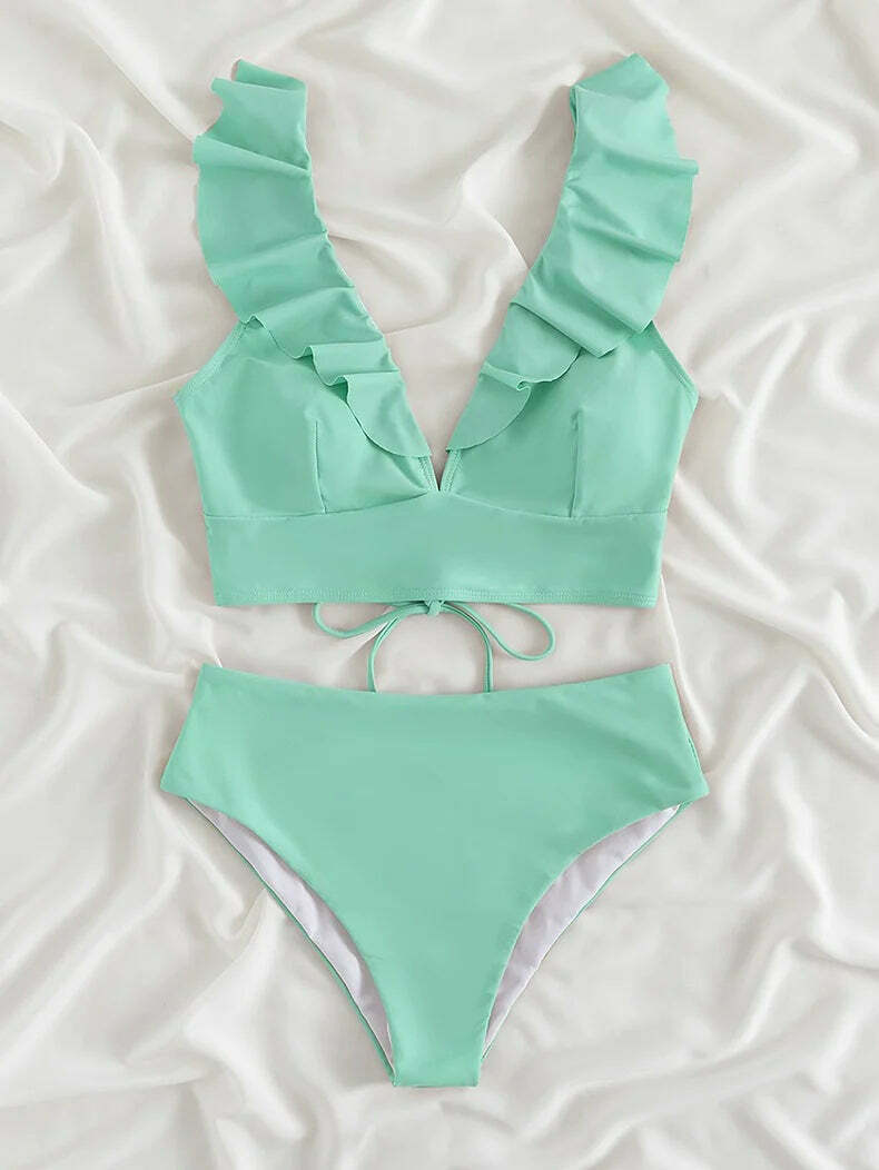 Coquette Aesthetic Ruffled V-Neck High Waist Bikini - Y2K Fashion Swimwear