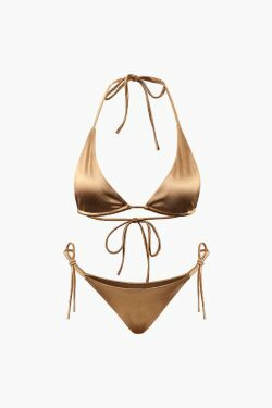 Coquette Aesthetic Satin Triangle Tie Side Bikini Set