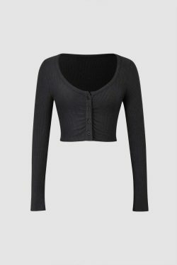 Coquette Aesthetic Scoop Neck Button Long Sleeve Top