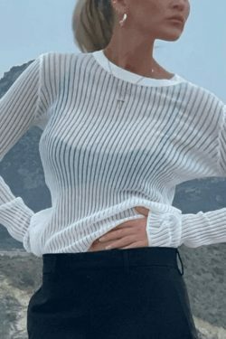 Coquette Aesthetic Semi Sheer Rib Knit Top for Y2K Fashion Enthusiasts
