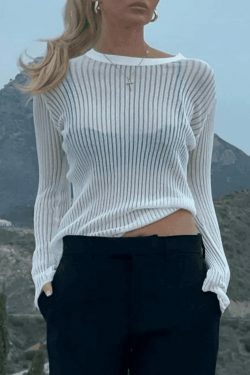 Coquette Aesthetic Semi Sheer Rib Knit Top for Y2K Fashion Enthusiasts