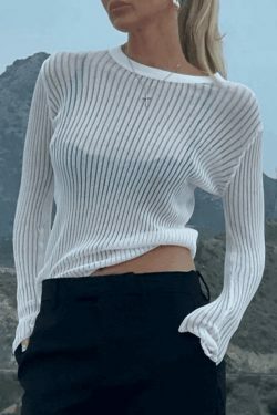 Coquette Aesthetic Semi Sheer Rib Knit Top for Y2K Fashion Enthusiasts
