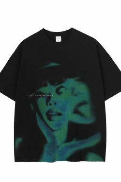 Coquette Aesthetic Shadow Graphic Acid Washed T-Shirt - Y2K Fashion Grunge Style Cute Tops