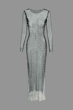 Coquette Aesthetic Sheer Mesh Pearl & Rhinestone Maxi Dress for Women - Y2K Fashion Statement