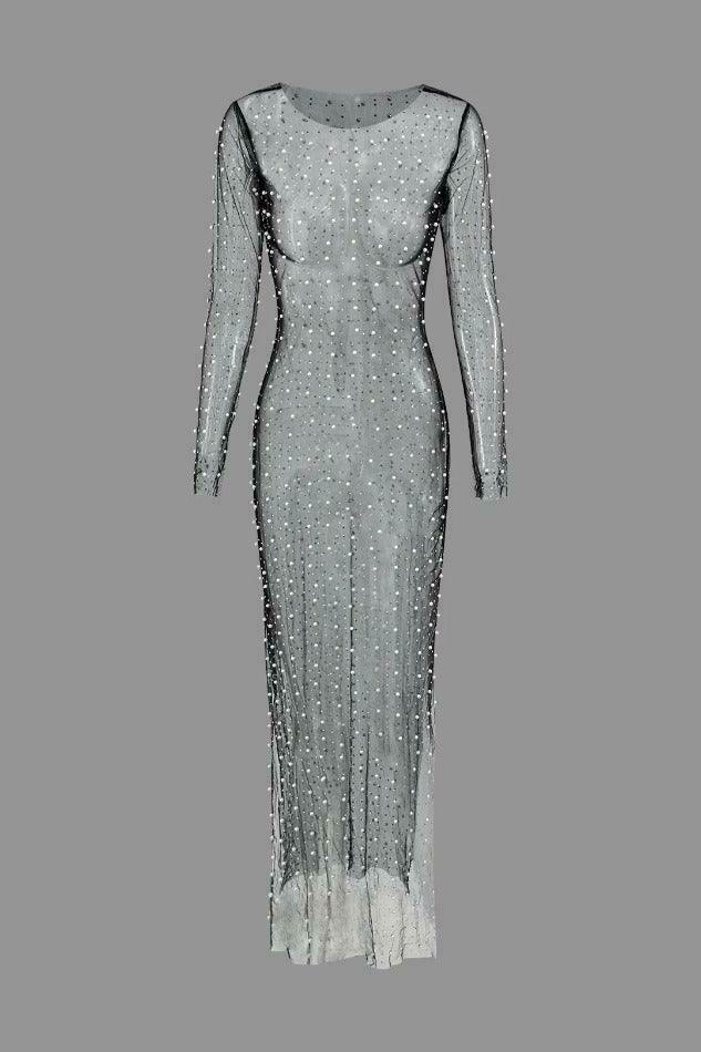 Coquette Aesthetic Sheer Mesh Pearl & Rhinestone Maxi Dress for Women - Y2K Fashion Statement