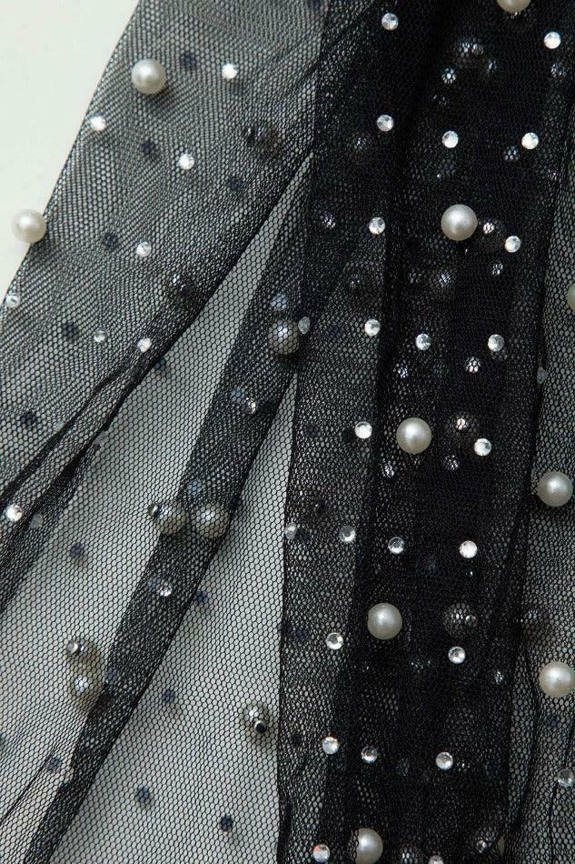 Coquette Aesthetic Sheer Mesh Pearl & Rhinestone Maxi Dress for Women - Y2K Fashion Statement