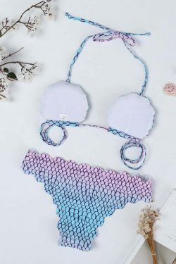 Coquette Aesthetic Shell Wave Halter Backless Bikini Swimsuit