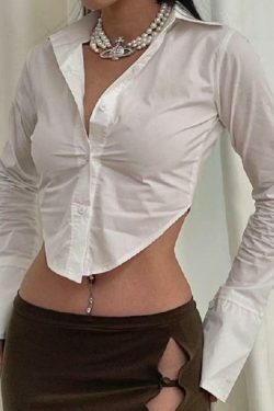 Coquette Aesthetic Shirt with Irregular Hem - Y2K Fashion Long Sleeve Blouse