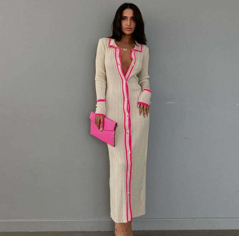 Coquette Aesthetic Slim Lapel Long Cardigan Dress for Women - Y2K Fashion Outfits