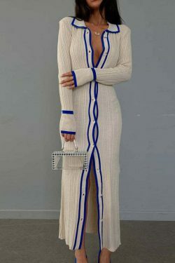 Coquette Aesthetic Slim Lapel Long Cardigan Dress for Women - Y2K Fashion Outfits