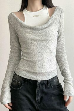 Coquette Aesthetic Slim Tank Top with Cowl Neck - Y2K Fashion Long Sleeve Knit